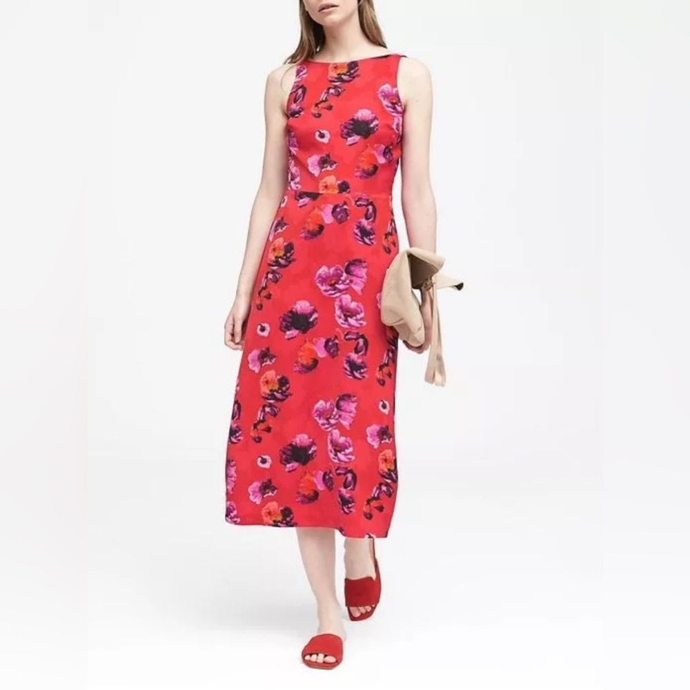 Banana Republic Red Floral V-Back Sleeveless Flare Dress - Size 8